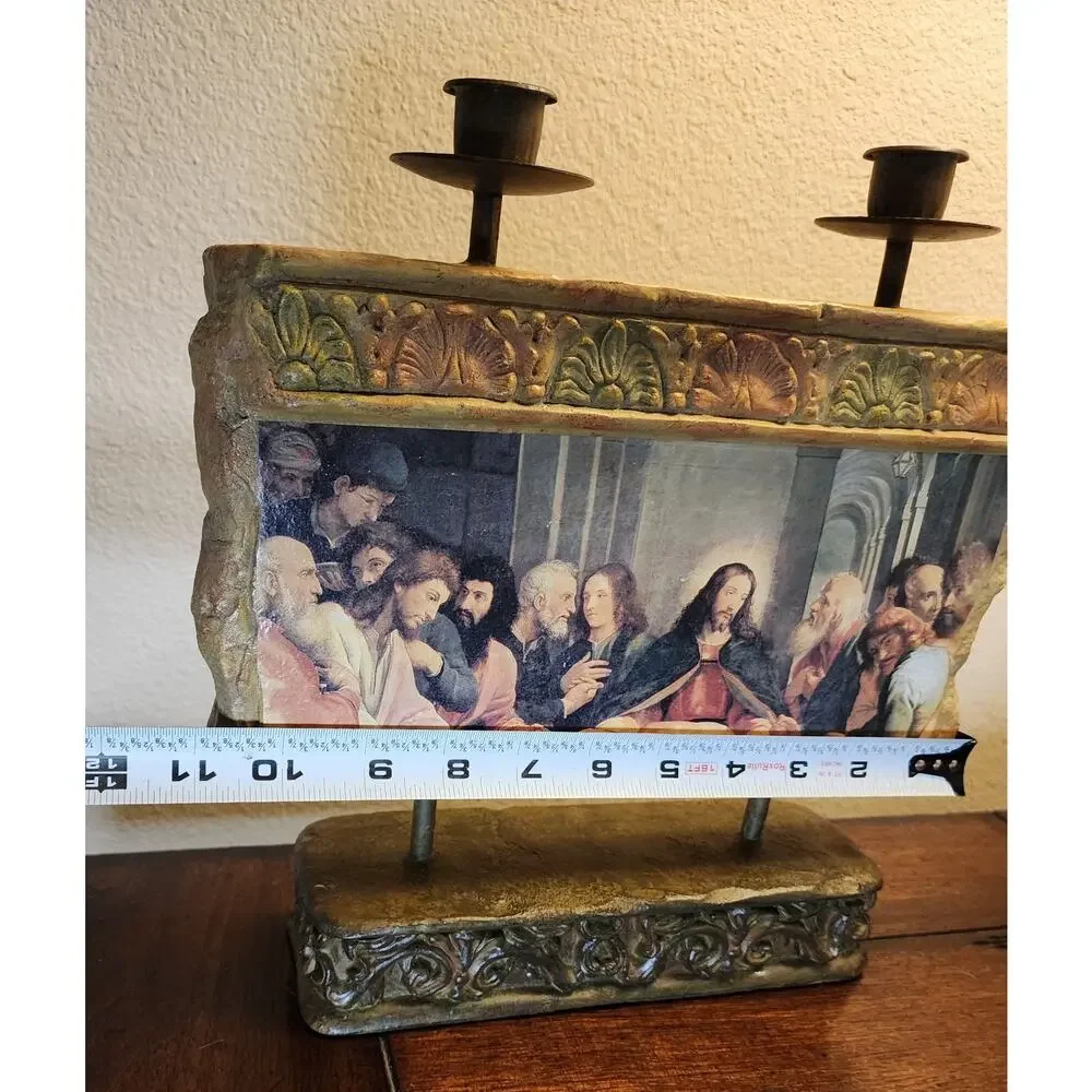 Vintage Jesus Last Supper Plaster Art Cast Iron Stand Brass Candle Holder 11